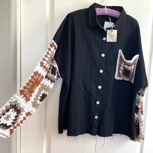 And The Why The Zephyr Crochet Sleeve Shirt Jacket Shacket Raw Hem Black Size L
